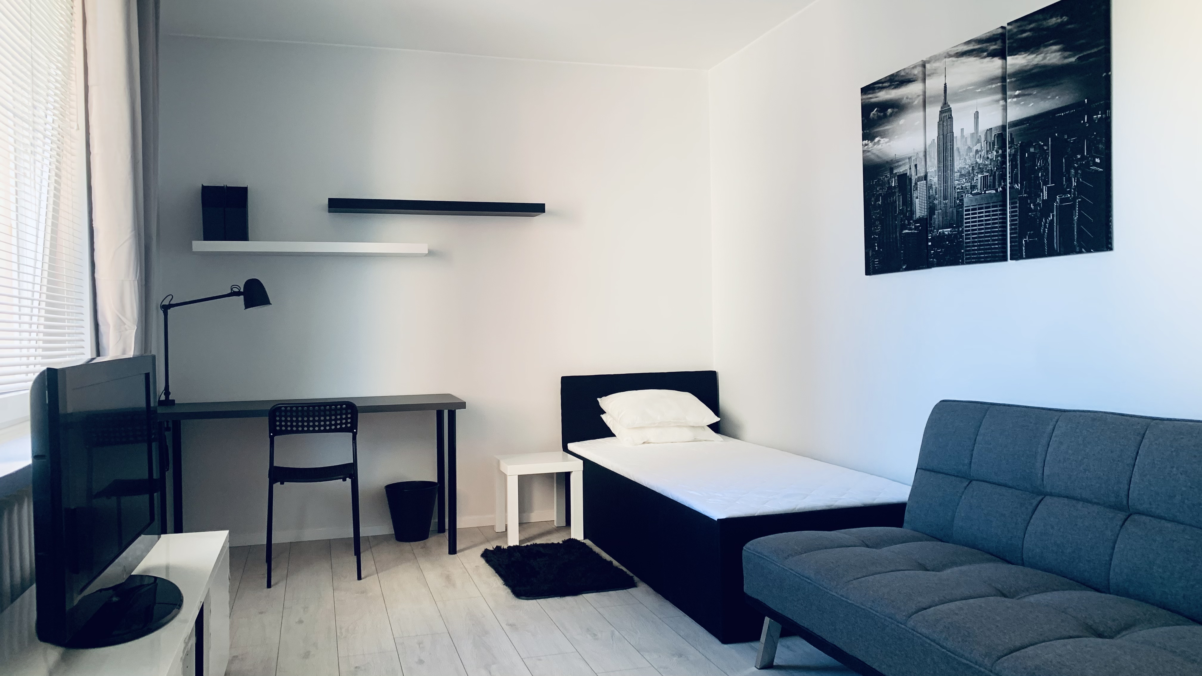 Desk, bed and sofa in the room