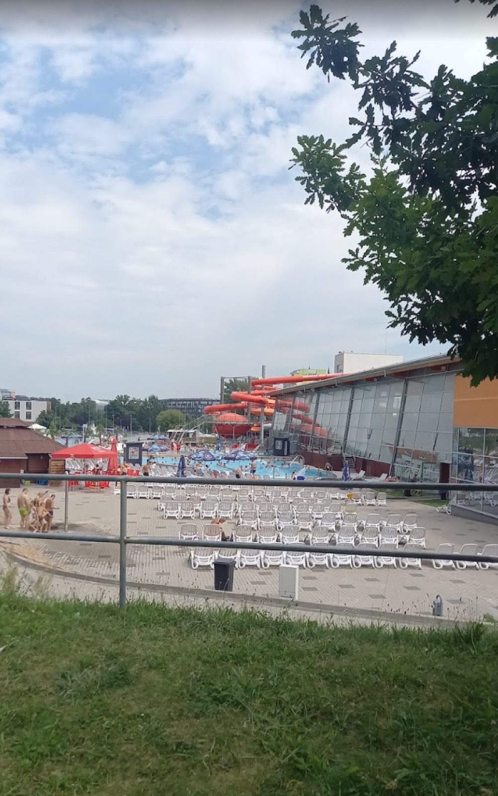 Outdoor pools and waterslides at a Wrocław aquapark