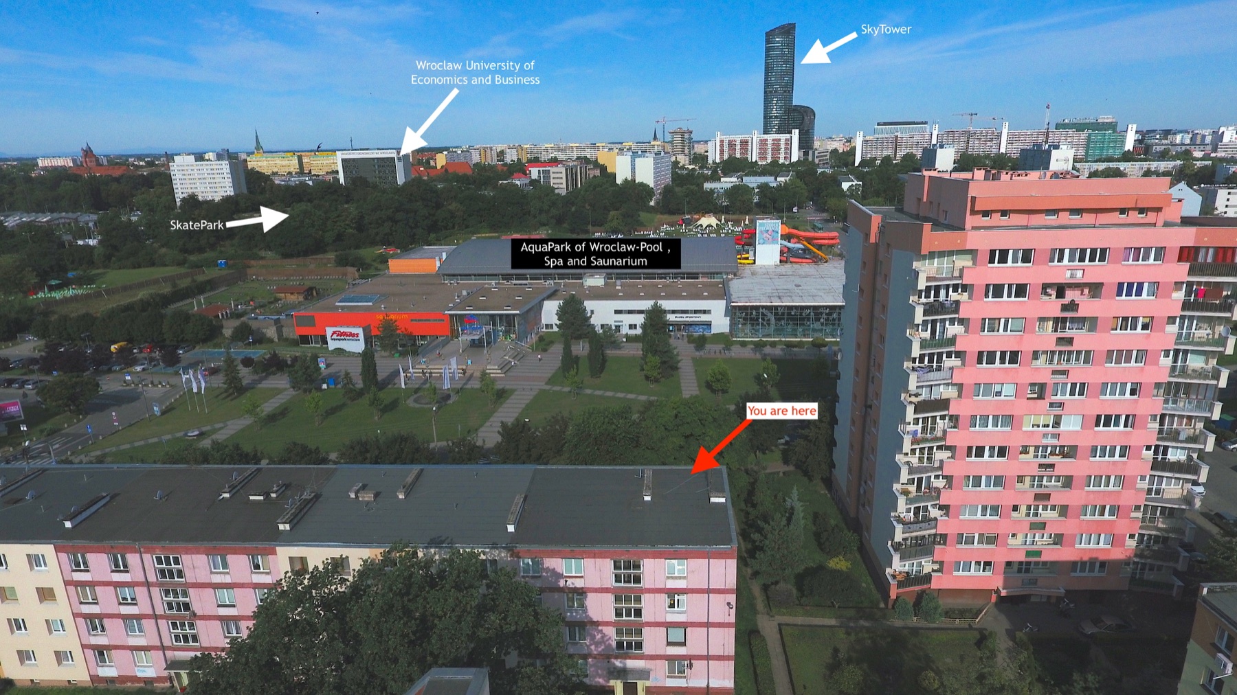 Aerial overview marked with the apartment location, Wrocław Aquapark, Sky Tower, Skatepark and Wrocław University of Economics