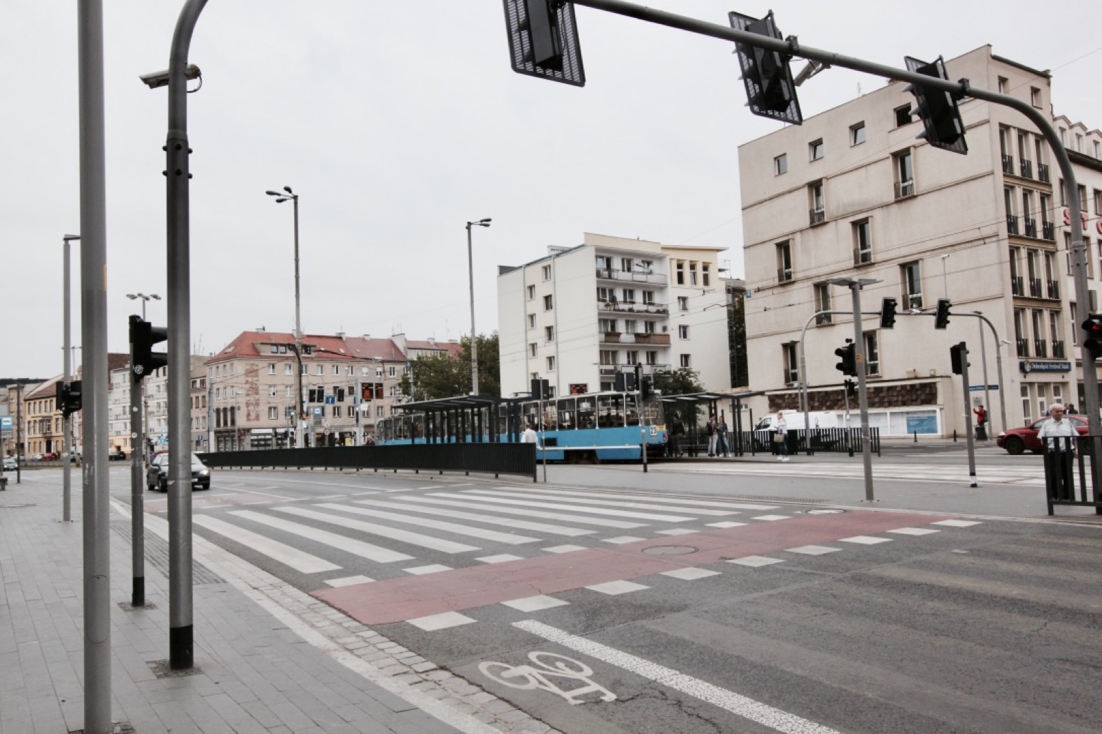 City street and tram crossing in central Wrocław