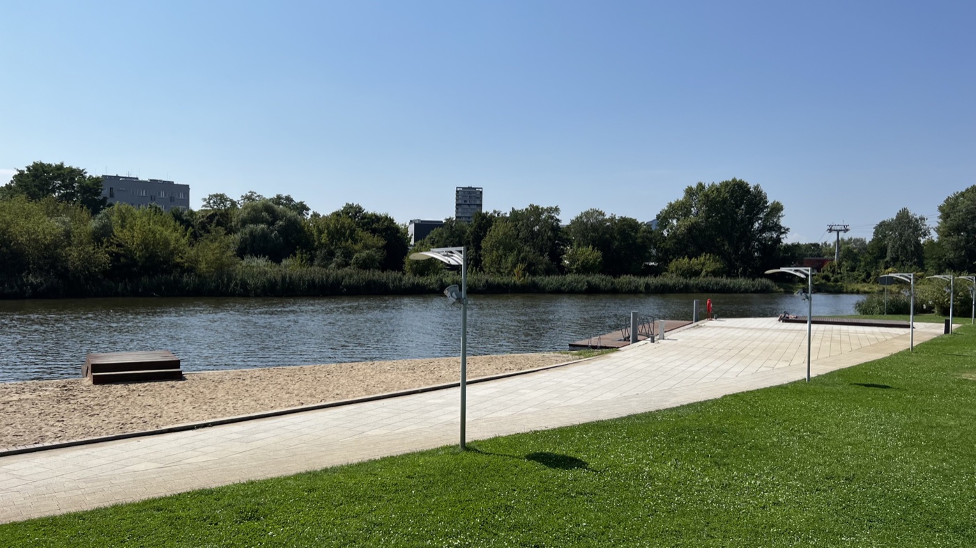 The riverfront promenade and lawns